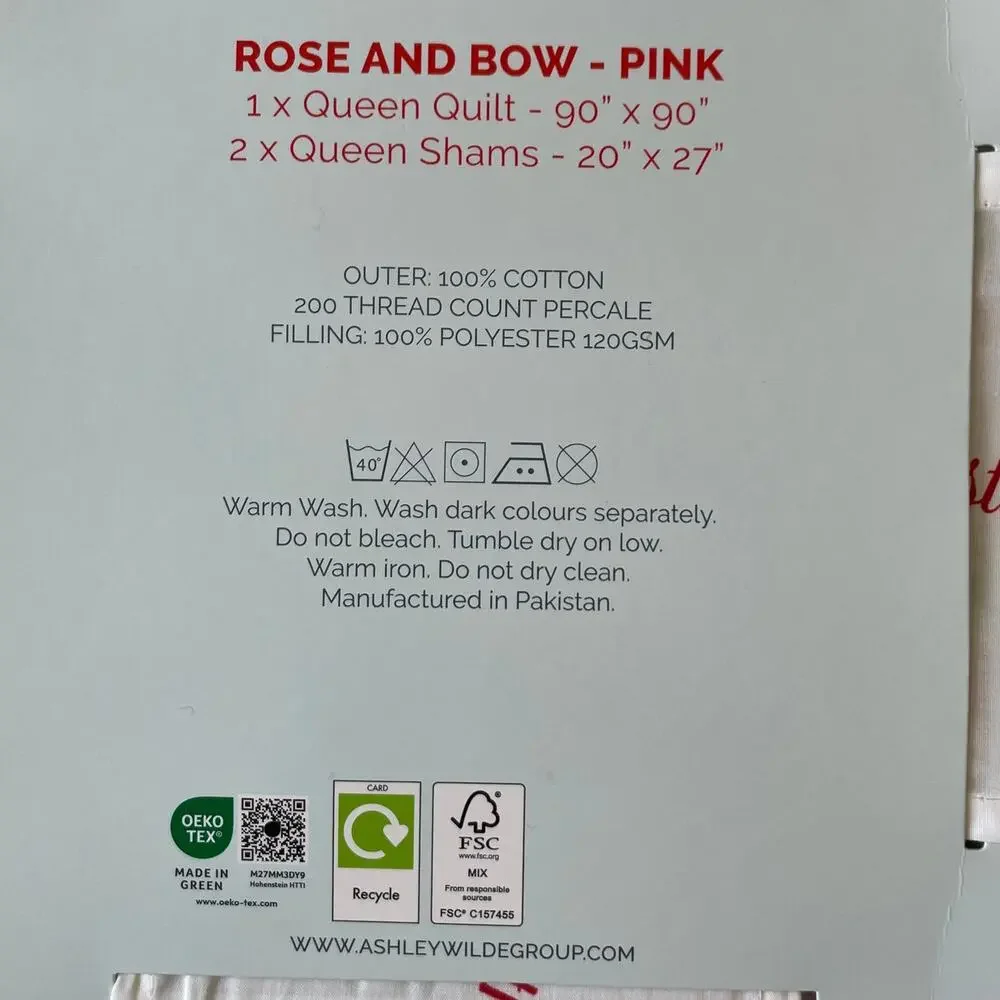 Cath Kidston London 3pc QUEEN Quilt & Sham Set Cottage Rose and Bows Pink NEW